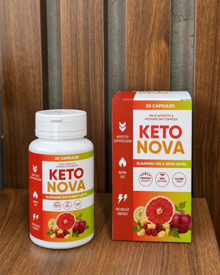Barattolo e astuccio di Keto Nova su una mensola di legno